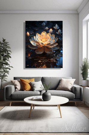 Dikey Kanvas Tablo Tekli Salon Mutfak Yatak Odası Ofis Altın Rengi Detaylı Parlayan Lotus 2132