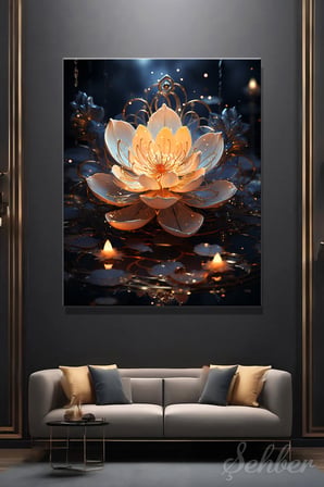 Dekoratif Dikey Kanvas Tablo Tekli Salon Mutfak Yatak Odası Ofis Parlayan Altın Beyaz Lotus 2134