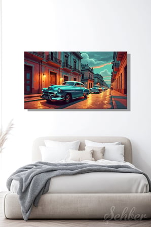 Kanvas Tablo Panoramik Yatay Tekli Ev Ofis Havana Klasik Araba Betimleme 2146