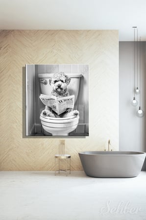 Dekoratif Kare Kanvas Tablo Tekli Banyo Tuvalet Siyah Beyaz Gazete Okuyan Köpek 2151