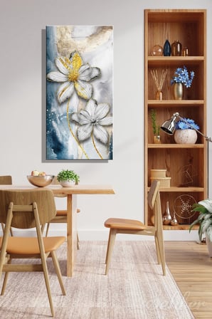 Panoramik Dikey Kanvas Tablo Tekli Ev Kafe Ofis Gold Efekt  Beyaz Çiçekler 2191
