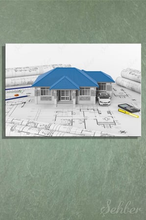 Dekoratif Yatay Kanvas Tablo Tekli  Emlak Ofisi İnşaat Gyo Modern 3 Boyutlu Ev Maketi  2225