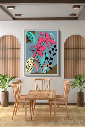 DikeyTekli Kanvas Tablo Modern Ev Kafe Ofis Line Art İle Çizilmiş Pembe Çiçekler Tasviri 2231