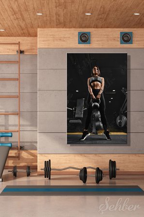 Kanvas Tablo Dikey Tekli Spor Salonu Fitness Eğitimi Egzersiz Güç Antrenmanı Yapan Kadın 2237