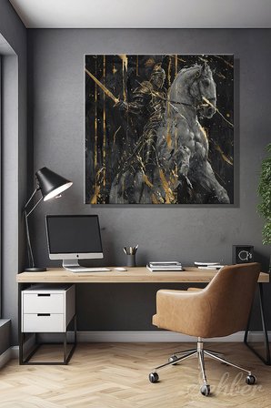 Dekoratif Kare Kanvas Tablo Tekli Ev Kafe Ofis Gold Efekt Beyaz At Üstünde Zırhlı Şövalye 2239