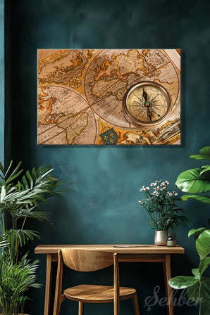 Dekoratif Yatay Kanvas Tablo Tekli Ev Kafe Ofis Retro Dünya Haritası Ve Pusula 2251