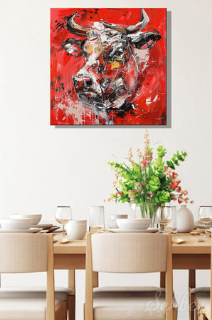 Dekoratif Kare Kanvas Tablo Tekli Ev Kafe Ofis Lady Redhorns White Bull Beyaz Boğa  2266