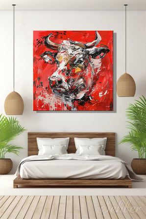 Dekoratif Kare Kanvas Tablo Tekli Ev Kafe Ofis Lady Redhorns White Bull Beyaz Boğa  2266