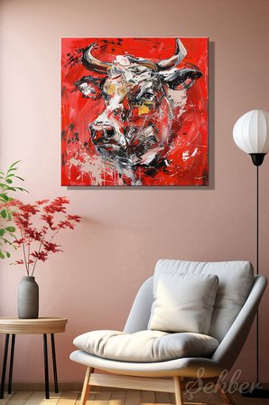 Dekoratif Kare Kanvas Tablo Tekli Ev Kafe Ofis Lady Redhorns White Bull Beyaz Boğa  2266