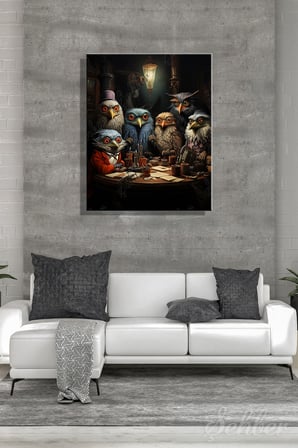 Kanvas Tablo Dikey Tekli Ev Kafe Ofis Masa Başında Steampunk Tarzında Giyinmiş Baykuşlar 2283
