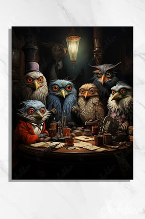 Kanvas Tablo Dikey Tekli Ev Kafe Ofis Masa Başında Steampunk Tarzında Giyinmiş Baykuşlar 2283