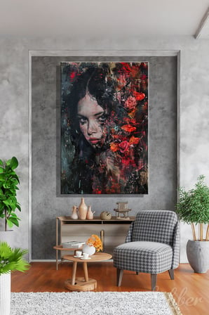 Dekoratif Dikey Kanvas Tablo Tekli Ev Kafe Ofis Gotik Atmosfer Kırmızı Güllerle Süslü Kadın Portre 2291