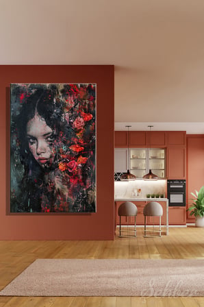 Dekoratif Dikey Kanvas Tablo Tekli Ev Kafe Ofis Gotik Atmosfer Kırmızı Güllerle Süslü Kadın Portre 2291