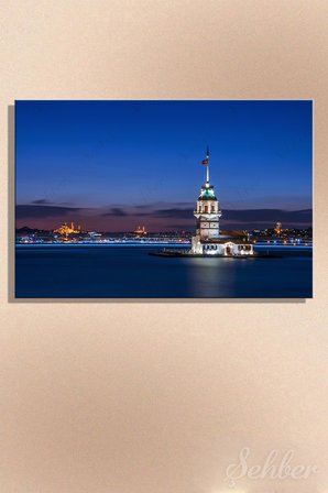 Dekoratif Yatay Kanvas Tablo Tekli Ev Kafe Ofis İstanbul Kız Kulesi Gece Manzarası 2298