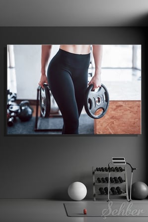 Kanvas Tablo Yatay Tekli Spor Salonu Fitness Egzersiz Ağırlık Plakaları İle Çalışan Kadın 2317