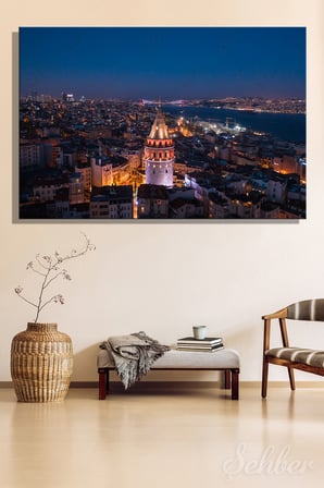 Dekoratif Yatay Kanvas Tablo Tekli Ev Kafe Ofis Galata Kulesi Gece Manzarası 2339