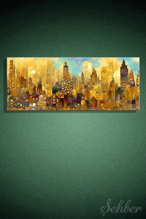 Yatay Kanvas Tablo Tekli Ev Kafe Ofis J. Waleson Altın Tonlarında Şehir Manzarası New York 2358