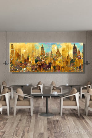Yatay Kanvas Tablo Tekli Ev Kafe Ofis J. Waleson Altın Tonlarında Şehir Manzarası New York 2358