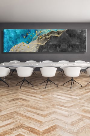 Panoramik Yatay Kanvas Tablo Tekli Ev Kafe Ofis Soyut Altın Kuş Detaylı Mavi Siyah Tonlar 2363