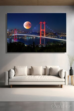 Yatay Kanvas Tablo Tekli Ev Kafe Ofis 15 Temmuz Şehitler Köprüsü Gece Dolunay Manzarası 2369
