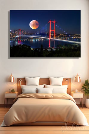 Yatay Kanvas Tablo Tekli Ev Kafe Ofis 15 Temmuz Şehitler Köprüsü Gece Dolunay Manzarası 2369