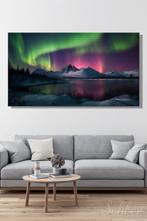 Kanvas Tablo Panoramik Yatay Tekli Ev Kafe Ofis Alaska Dağları Kuzey Işıkları Manzarası 2370