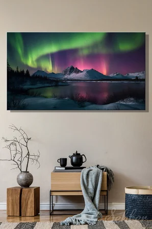Kanvas Tablo Panoramik Yatay Tekli Ev Kafe Ofis Alaska Dağları Kuzey Işıkları Manzarası 2370