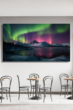 Kanvas Tablo Panoramik Yatay Tekli Ev Kafe Ofis Alaska Dağları Kuzey Işıkları Manzarası 2370