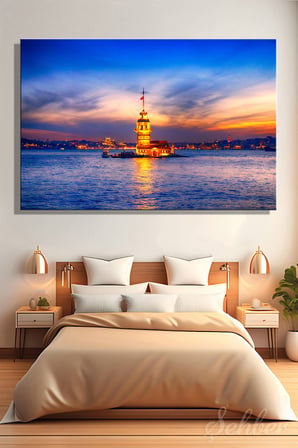 Kanvas Tablo Yatay Tekli Ev Kafe Ofis Üsküdar Salacak Kız Kulesi Gece Manzarası 2376