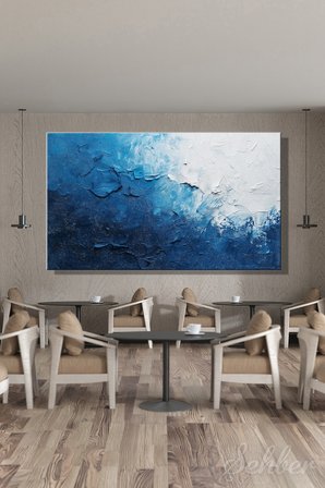 Dekoratif Yatay Kanvas Tablo Tekli Ev Kafe Ofis Mavi Beyaz Tonlarda Modern Soyut Sanat 2390