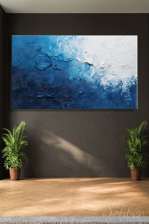 Dekoratif Yatay Kanvas Tablo Tekli Ev Kafe Ofis Mavi Beyaz Tonlarda Modern Soyut Sanat 2390
