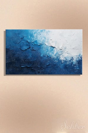 Dekoratif Yatay Kanvas Tablo Tekli Ev Kafe Ofis Mavi Beyaz Tonlarda Modern Soyut Sanat 2390
