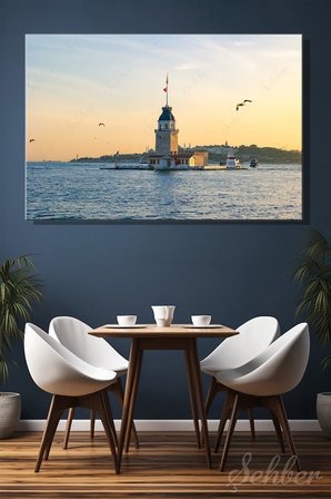 Yatay Kanvas Tablo Tekli Ev Kafe Ofis İstanbul Boğazı Kız Kulesi Gün Batımı Martılar Manzara 2402