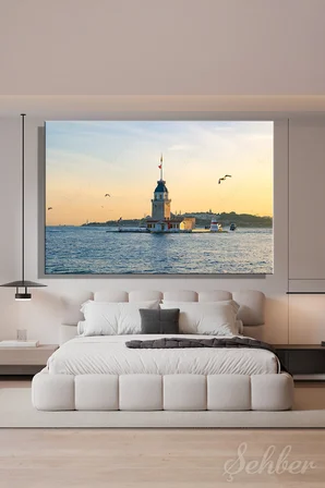 Yatay Kanvas Tablo Tekli Ev Kafe Ofis İstanbul Boğazı Kız Kulesi Gün Batımı Martılar Manzara 2402