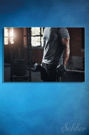 Dekoratif Yatay Kanvas Tablo Tekli Spor Salonu Fitness Eğitimi Dambıl Egzersiz Yapan Erkek 2436