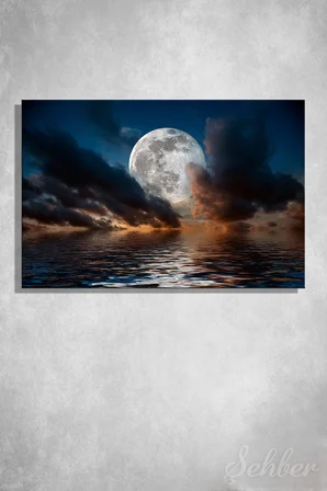 Dekoratif Yatay Kanvas Tablo Tekli Ev Kafe Ofis Bulutlu Gecede Dolunay Denizdeki Parıltılar 2508