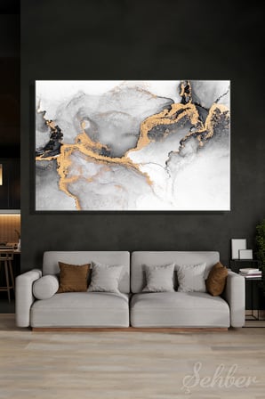Dekoratif Yatay Kanvas Tablo Tekli Ev Kafe Ofis Gri Gold Tonlarda Mermer Deseni 2522