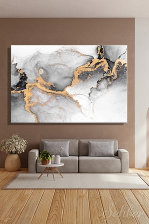 Dekoratif Yatay Kanvas Tablo Tekli Ev Kafe Ofis Gri Gold Tonlarda Mermer Deseni 2522