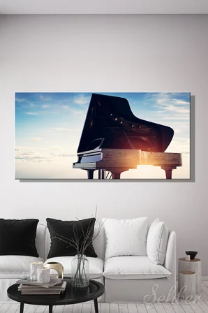 Kanvas Tablo Panoramik Yatay Tekli Ev Kafe Ofis Mavi Gökyüzü Arka Planında Kuyruklu Piano 2523