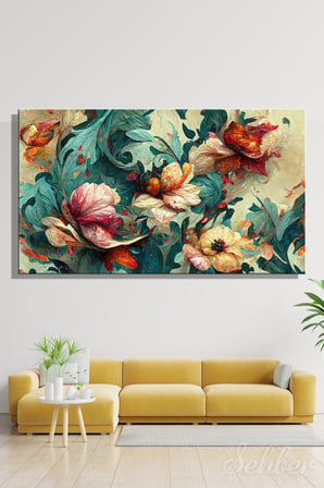 Kanvas Tablo Yatay Tekli Ev Kafe Ofis Wave of Florals Dekupaj Kağıdı Tasarımı Çiçek Deseni 2548