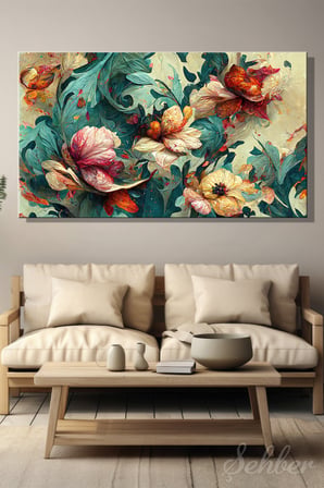 Kanvas Tablo Yatay Tekli Ev Kafe Ofis Wave of Florals Dekupaj Kağıdı Tasarımı Çiçek Deseni 2548