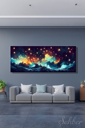 Panoramik Yatay Kanvas Tablo Tekli Ev Kafe Ofis Vincent van Gogh Yıldızlı Gece Dijital Uyarlama 2550
