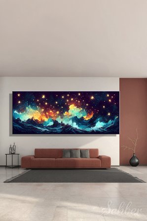 Panoramik Yatay Kanvas Tablo Tekli Ev Kafe Ofis Vincent van Gogh Yıldızlı Gece Dijital Uyarlama 2550