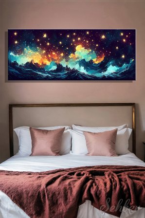 Panoramik Yatay Kanvas Tablo Tekli Ev Kafe Ofis Vincent van Gogh Yıldızlı Gece Dijital Uyarlama 2550