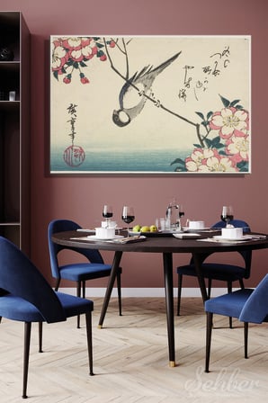 Yatay Kanvas Tablo Tekli Ev Kafe Ofis Utagawa Hiroshige Kiraz Çiçeği Dalında Büyük Baştankara 2602