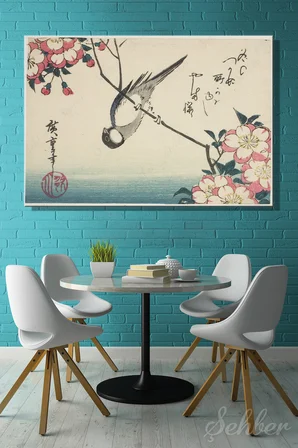 Yatay Kanvas Tablo Tekli Ev Kafe Ofis Utagawa Hiroshige Kiraz Çiçeği Dalında Büyük Baştankara 2602