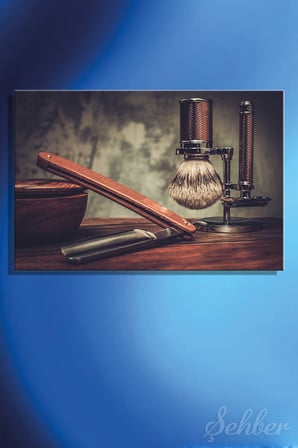 Yatay Kanvas Tablo Tekli Erkek Kuaförü Berber Ahşap Zeminde Lüks Ustura Traş Fırçası Seti 2621