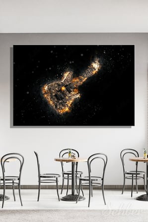 Yatay Kanvas Tablo Tekli Ev Kafe Bar Ofis Siyah Fonda Alevler İçinde Elektro Gitar Dijital Sanat 2626