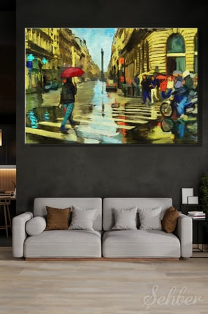 Yatay Kanvas Tablo Tekli Ev Kafe Ofis Modern İzlenimci Tarzda Yağmurlu Bir Gün Paris Konulu 2715