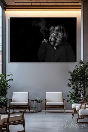 Yatay Kanvas Tablo Tekli Ev Kafe Ofis Takım Elbiseli Sigara İçen Erkek Aslan Portresi 2731
